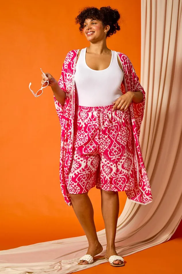 Women Pink Curve Aztec Print Longline Kimono Roman Tops