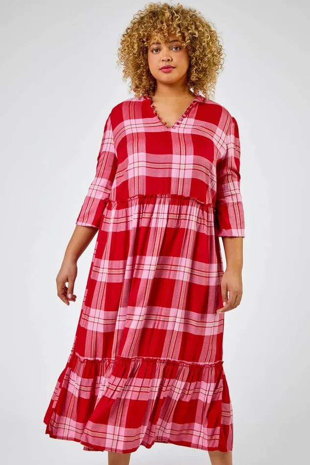 Women Pink Curve Check Print Tiered Dress Roman Dresses