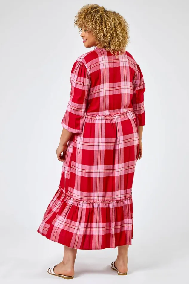 Women Pink Curve Check Print Tiered Dress Roman Dresses