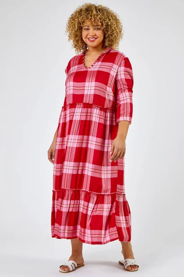 Women Pink Curve Check Print Tiered Dress Roman Dresses