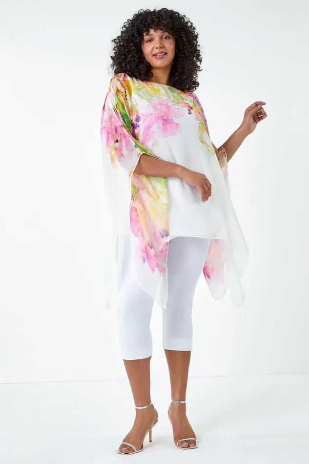 Women Pink Curve Floral Sparkle Hanky Hem Top Roman Tops