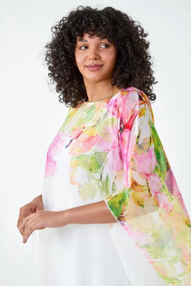 Women Pink Curve Floral Sparkle Hanky Hem Top Roman Tops