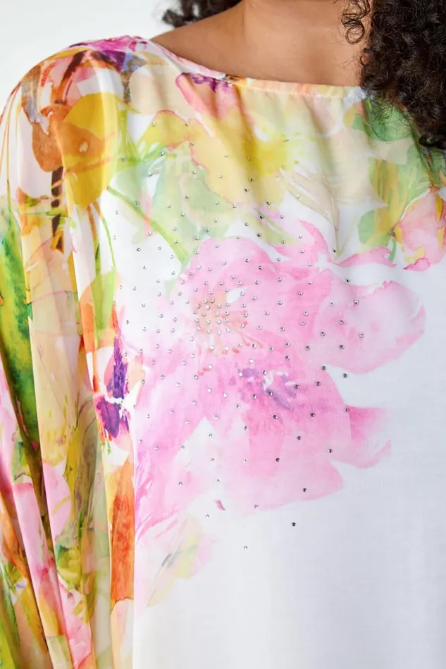 Women Pink Curve Floral Sparkle Hanky Hem Top Roman Tops