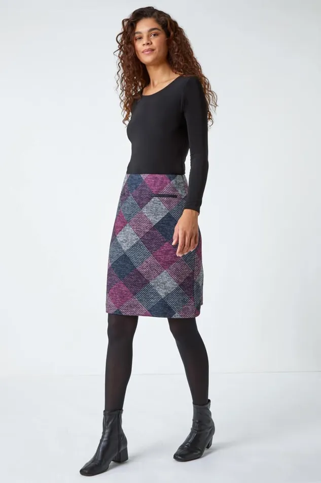 Women Pink Elastic Waist Check Print Pocket A Line Skirt Roman Skirts
