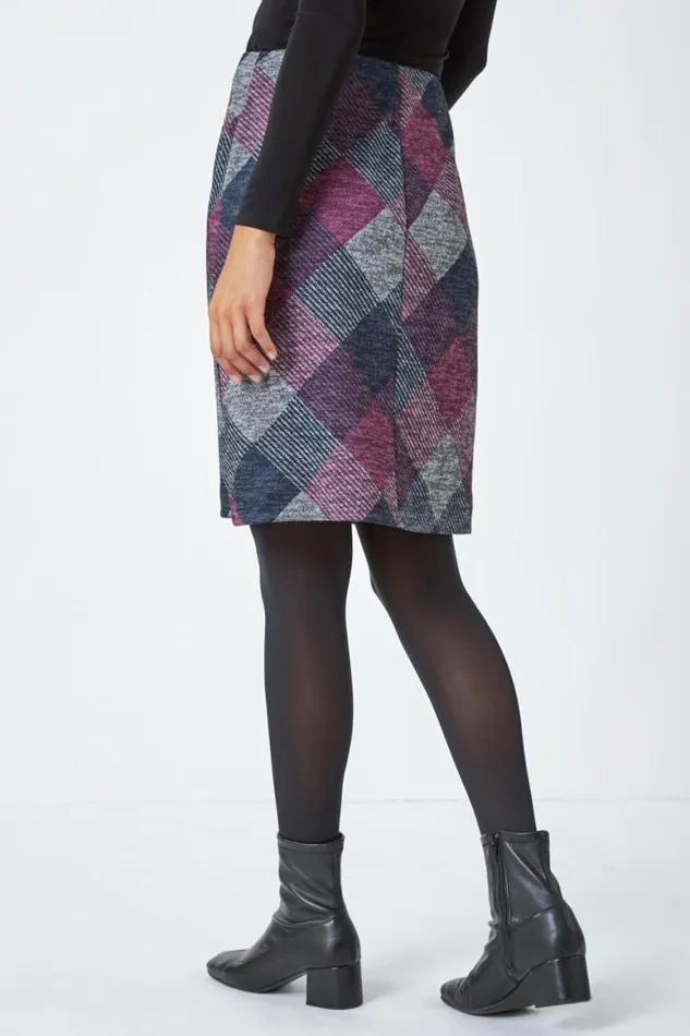 Women Pink Elastic Waist Check Print Pocket A Line Skirt Roman Skirts