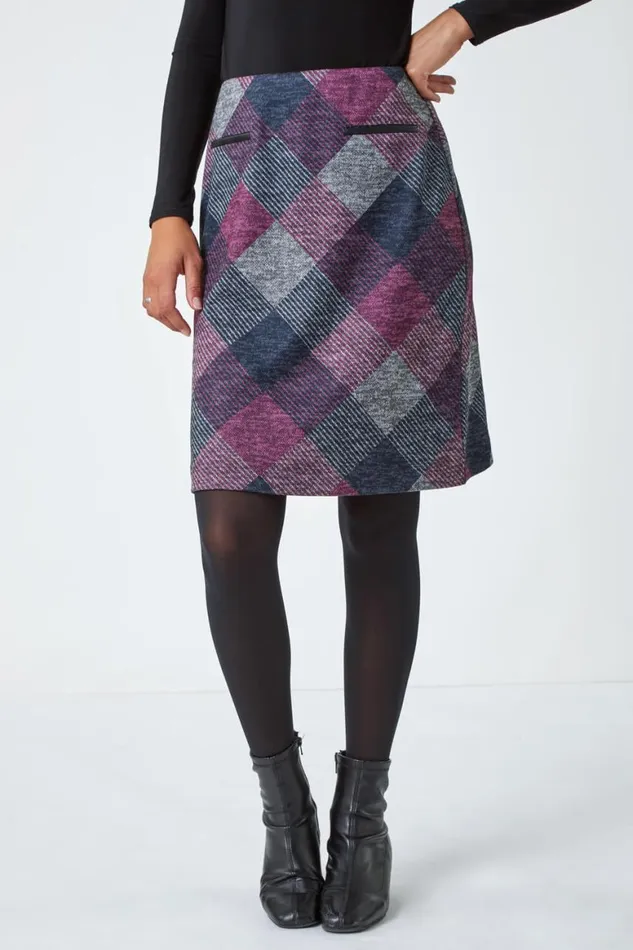 Women Pink Elastic Waist Check Print Pocket A Line Skirt Roman Skirts