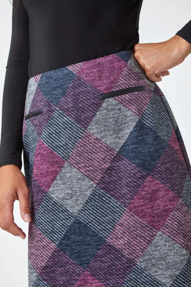 Women Pink Elastic Waist Check Print Pocket A Line Skirt Roman Skirts