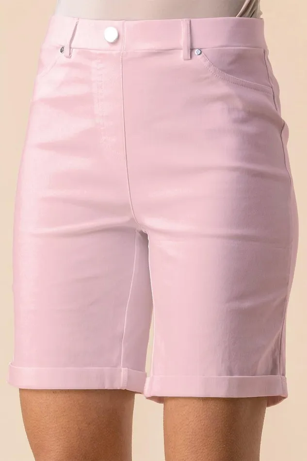Women Pink Elastic Waist Turn Up Stretch Shorts Roman Trousers