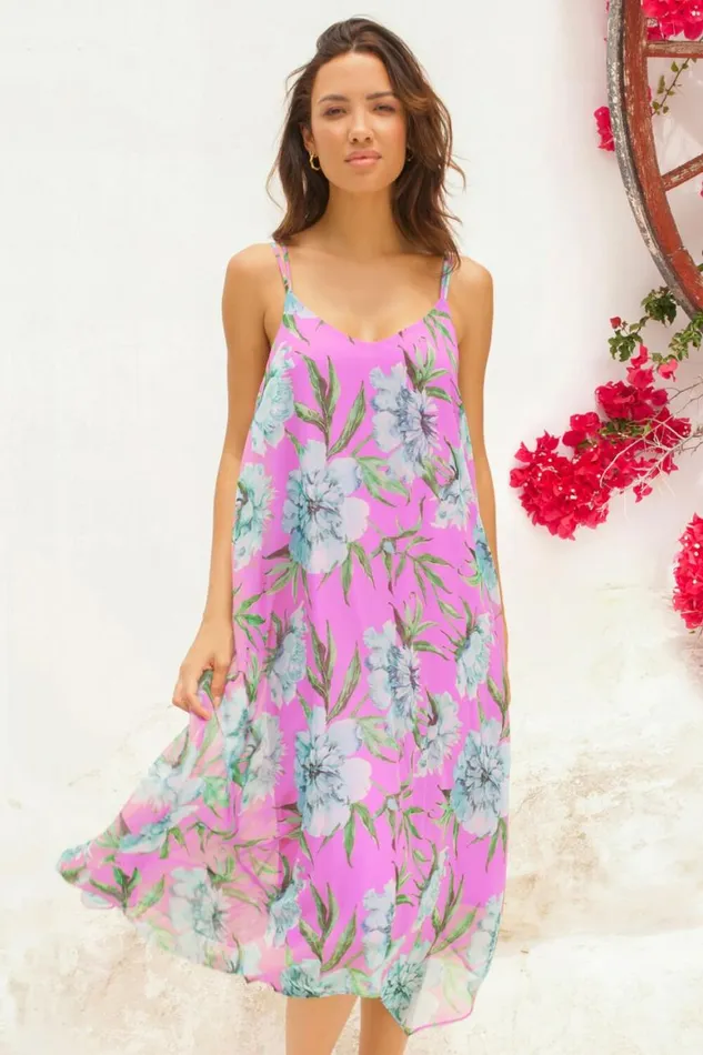 Women Pink Floral Chiffon Hanky Hem Midi Dress Roman Dresses