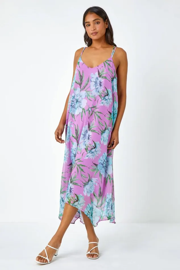 Women Pink Floral Chiffon Hanky Hem Midi Dress Roman Dresses