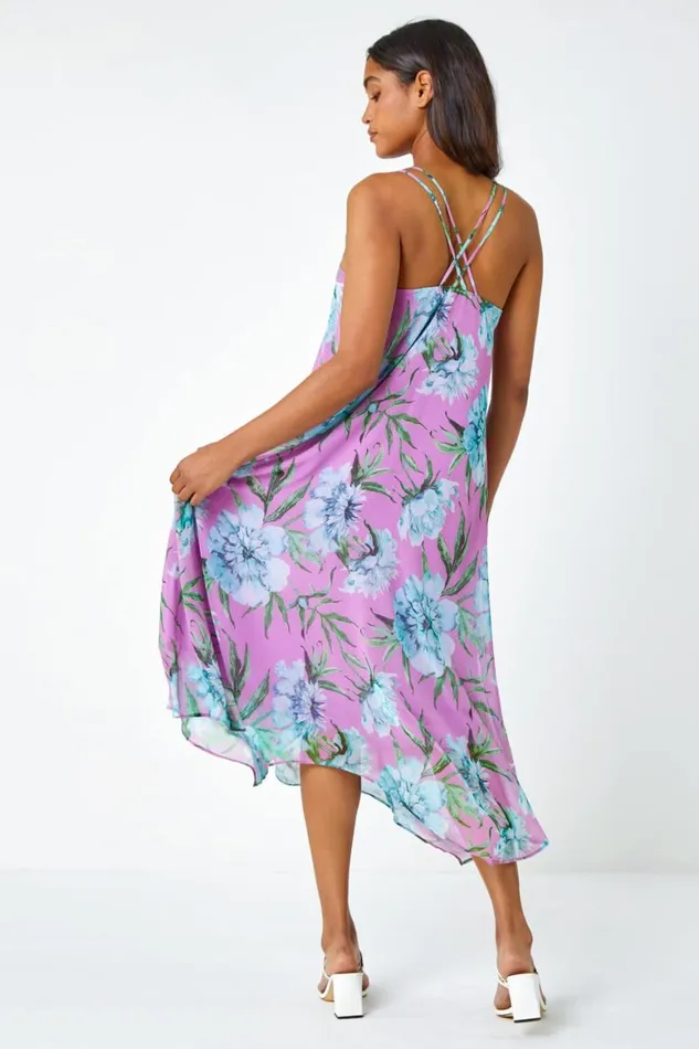 Women Pink Floral Chiffon Hanky Hem Midi Dress Roman Dresses