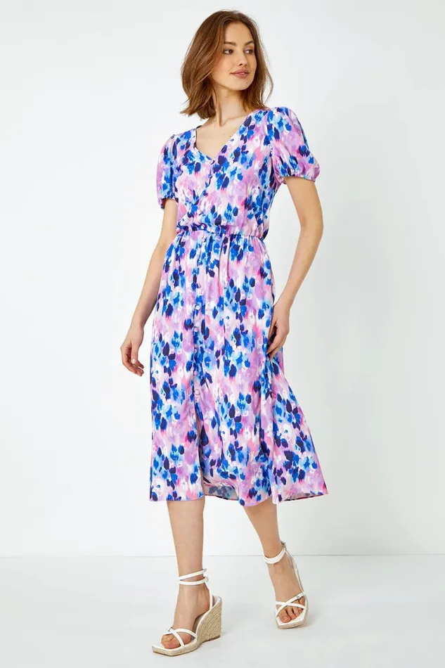 Women Pink Floral Print Button Detail Midi Dress Roman Dresses