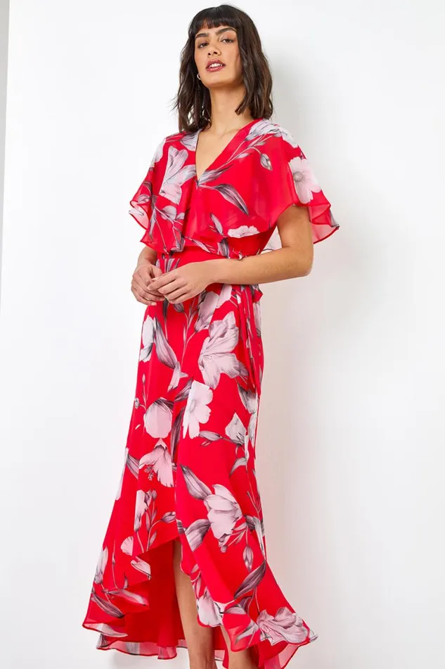 Women Pink Floral Print Chiffon Frill Cape Midi Dress Roman Dresses