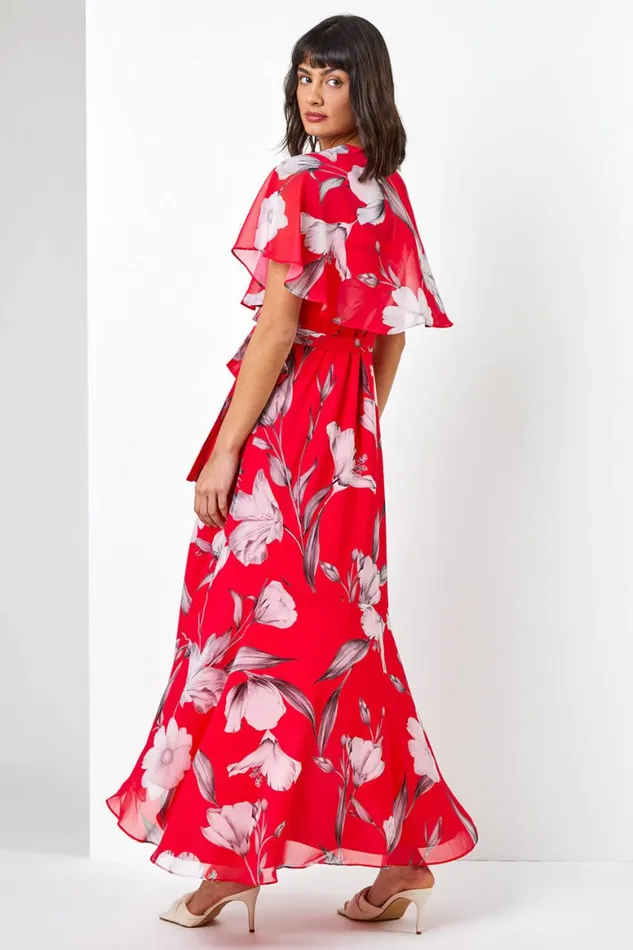 Women Pink Floral Print Chiffon Frill Cape Midi Dress Roman Dresses