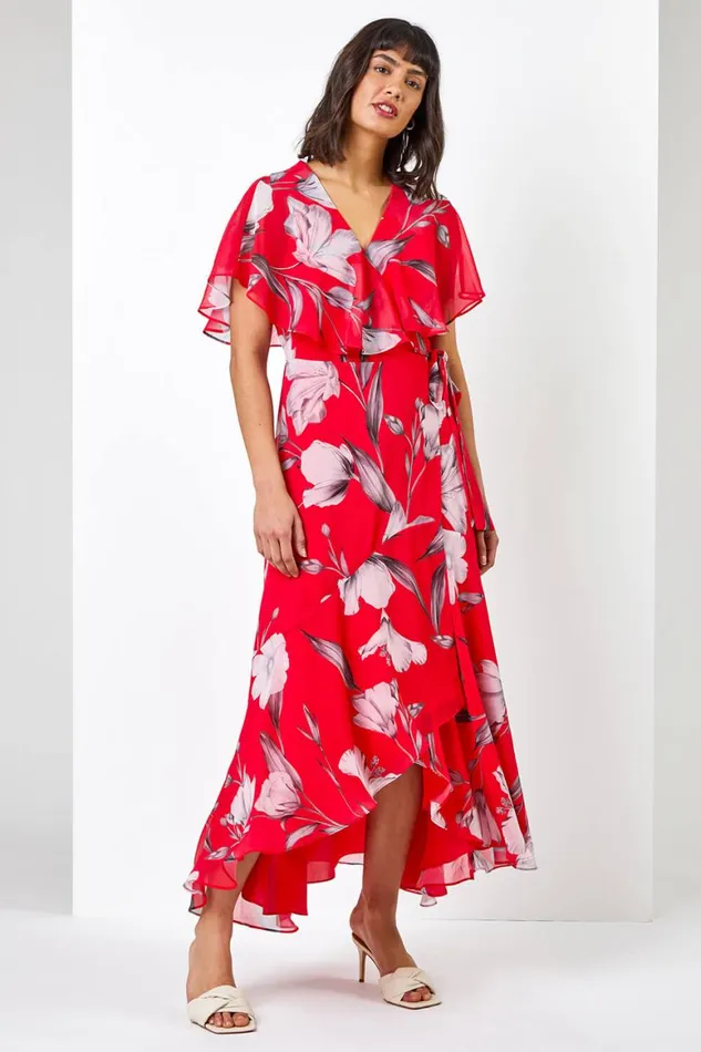 Women Pink Floral Print Chiffon Frill Cape Midi Dress Roman Dresses