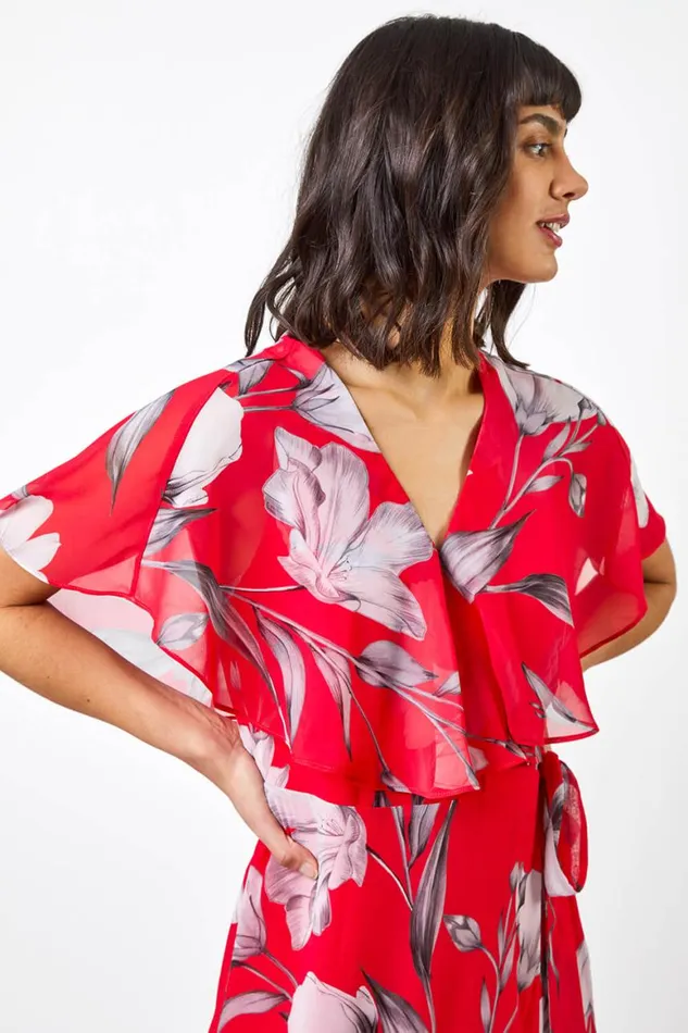 Women Pink Floral Print Chiffon Frill Cape Midi Dress Roman Dresses