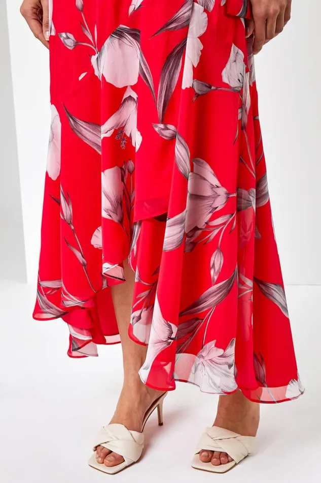 Women Pink Floral Print Chiffon Frill Cape Midi Dress Roman Dresses