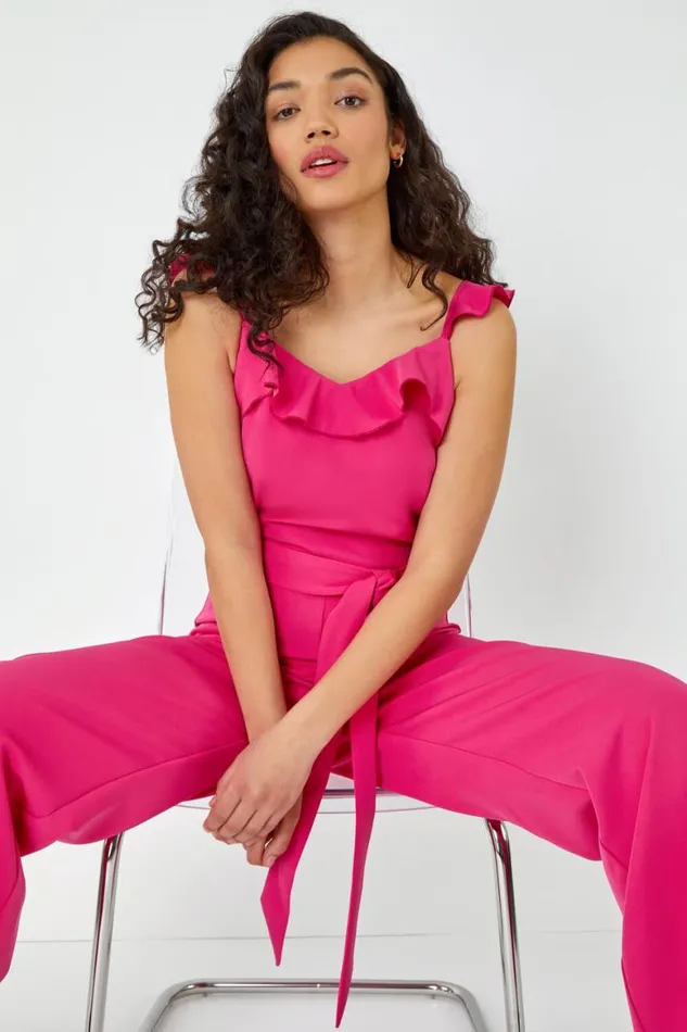 Women Pink Frill Detail Wide Leg Jumpsuit Roman Occasionwear