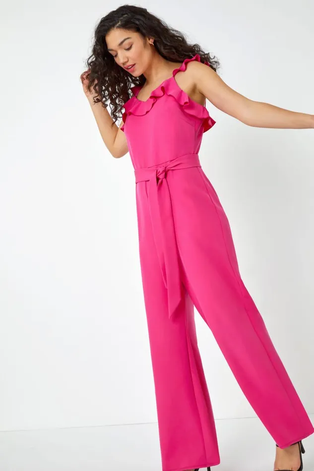 Women Pink Frill Detail Wide Leg Jumpsuit Roman Occasionwear