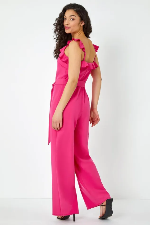 Women Pink Frill Detail Wide Leg Jumpsuit Roman Occasionwear
