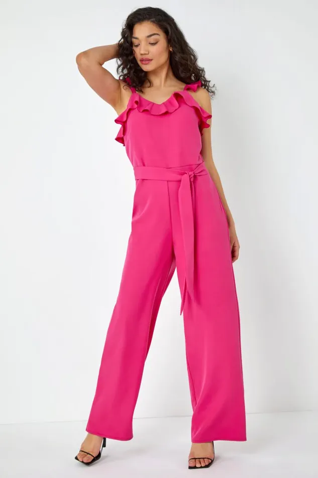 Women Pink Frill Detail Wide Leg Jumpsuit Roman Occasionwear
