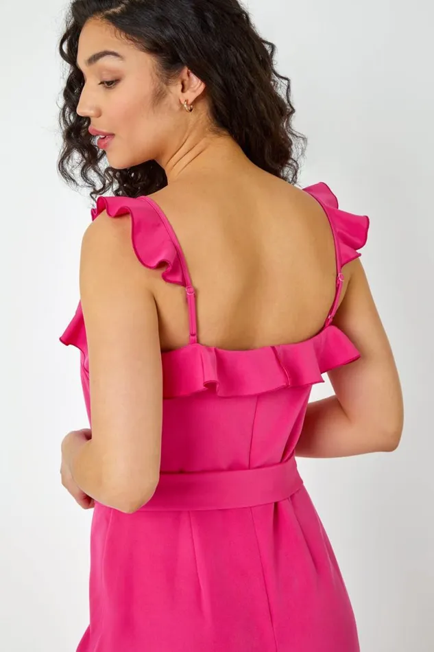 Women Pink Frill Detail Wide Leg Jumpsuit Roman Occasionwear