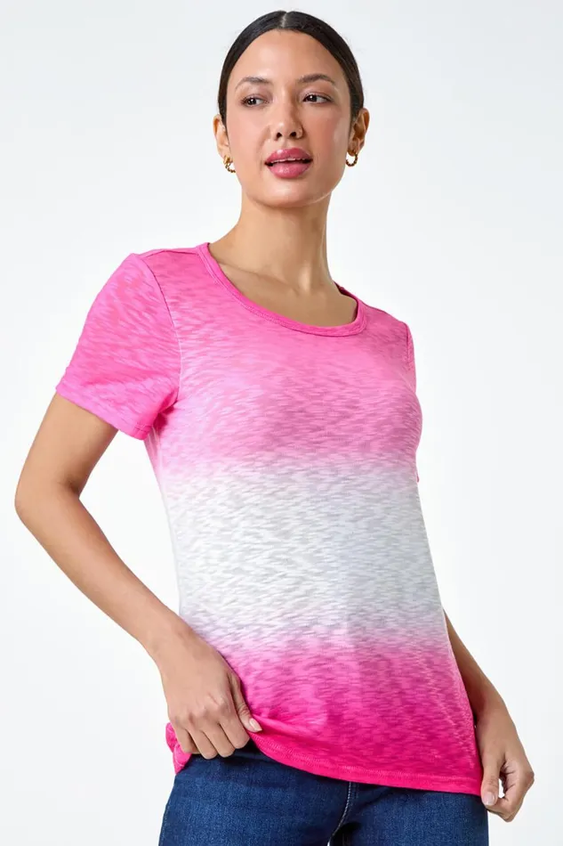 Women Pink Ombre Burnout Print Stretch Jersey TShirt Roman Tops