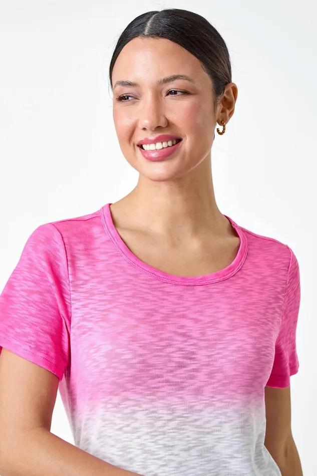 Women Pink Ombre Burnout Print Stretch Jersey TShirt Roman Tops