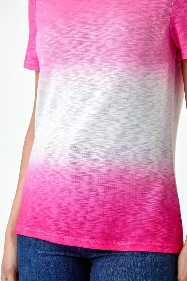 Women Pink Ombre Burnout Print Stretch Jersey TShirt Roman Tops