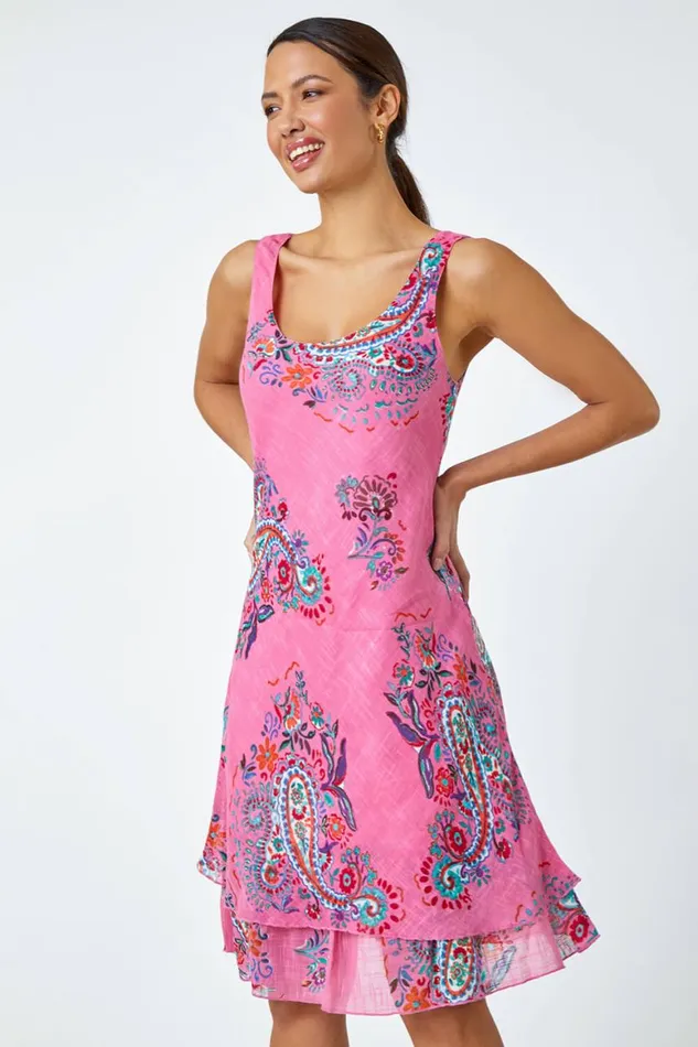Women Pink Paisley Print Cotton Layered Dress Roman Dresses