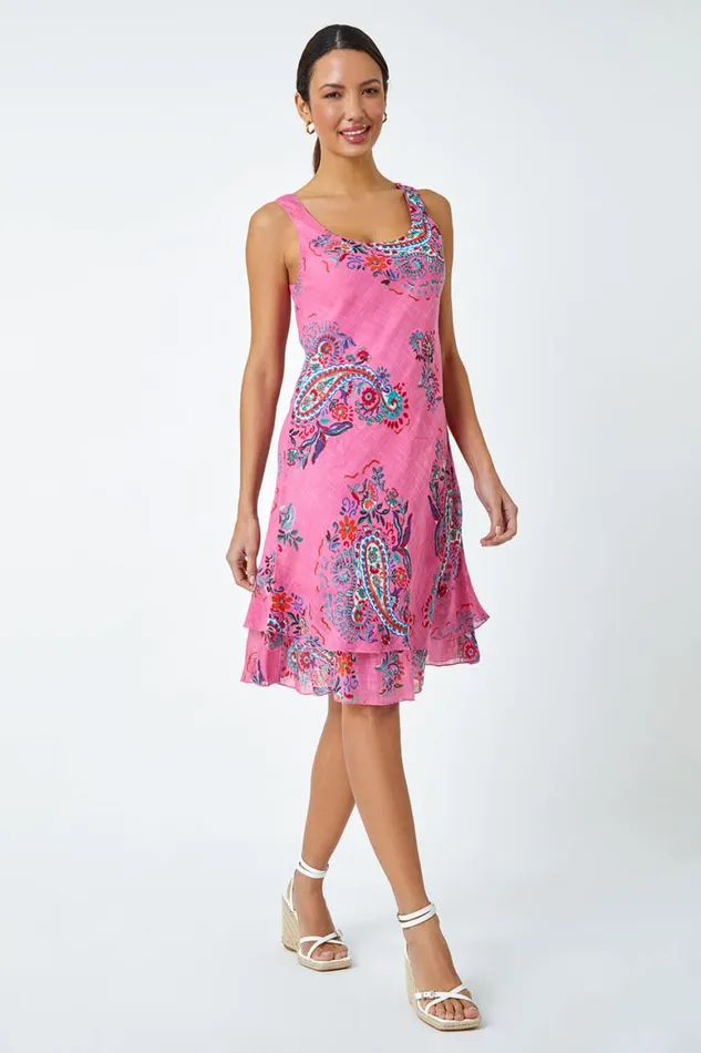Women Pink Paisley Print Cotton Layered Dress Roman Dresses