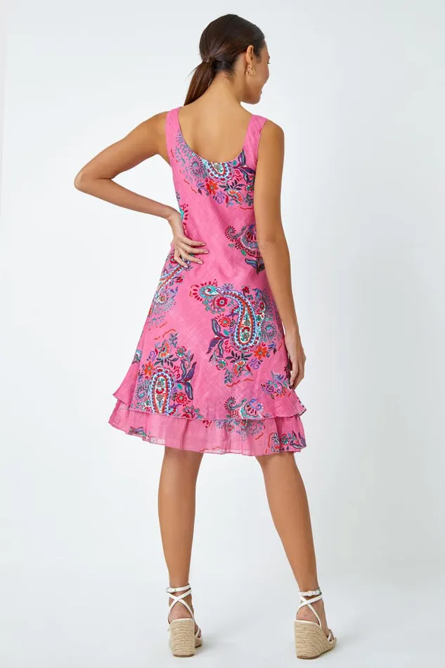 Women Pink Paisley Print Cotton Layered Dress Roman Dresses