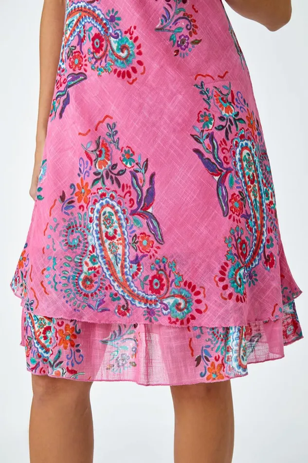 Women Pink Paisley Print Cotton Layered Dress Roman Dresses
