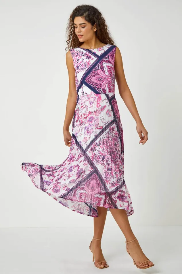 Women Pink Paisley Scarf Print Pleated Midi Dress Roman Dresses
