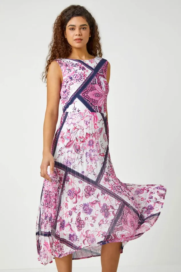 Women Pink Paisley Scarf Print Pleated Midi Dress Roman Dresses