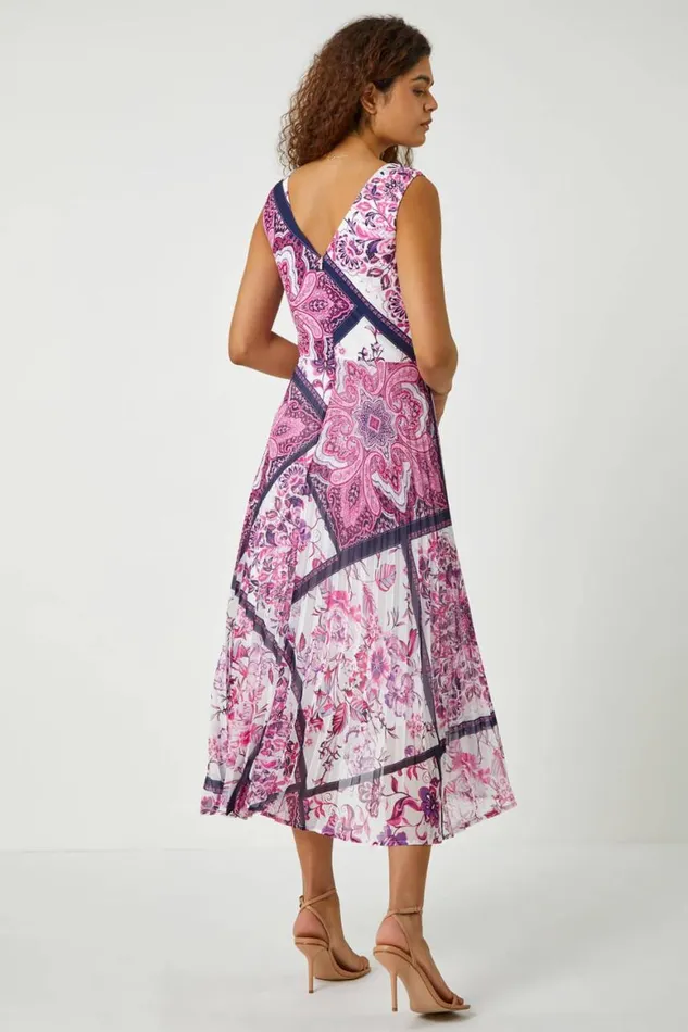 Women Pink Paisley Scarf Print Pleated Midi Dress Roman Dresses