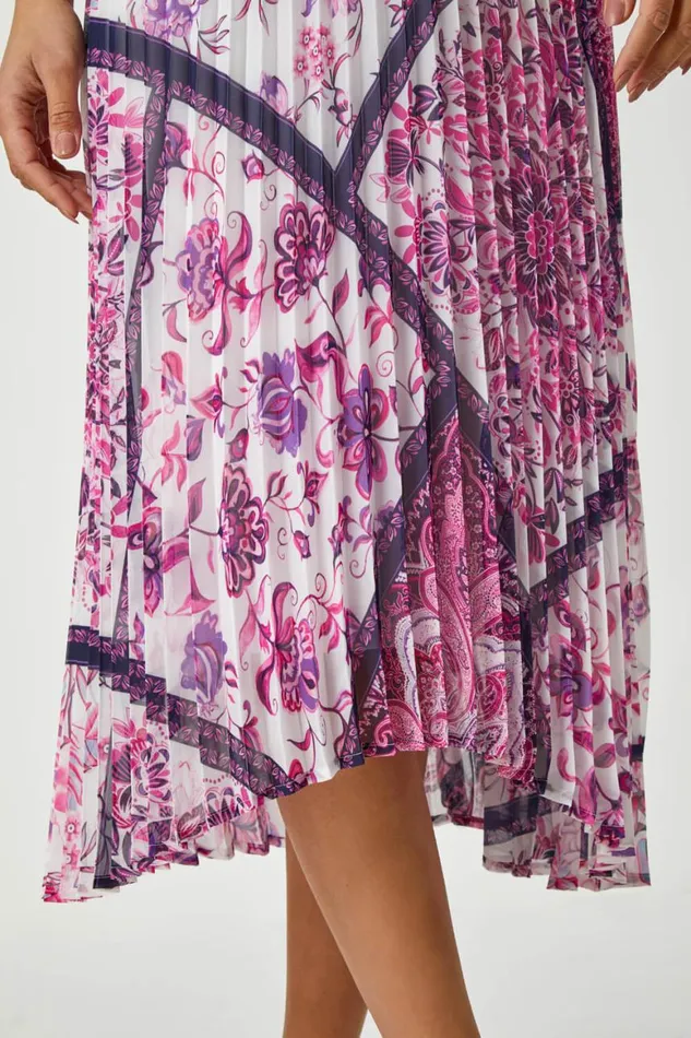 Women Pink Paisley Scarf Print Pleated Midi Dress Roman Dresses