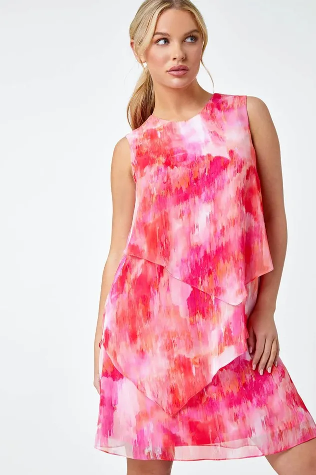 Women Pink Petite Abstract Tiered Chiffon Dress Roman Dresses