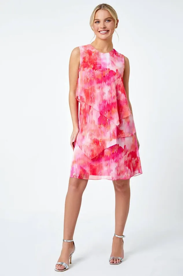 Women Pink Petite Abstract Tiered Chiffon Dress Roman Dresses