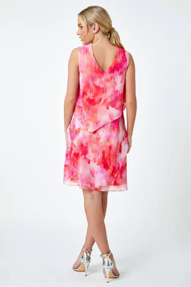 Women Pink Petite Abstract Tiered Chiffon Dress Roman Dresses
