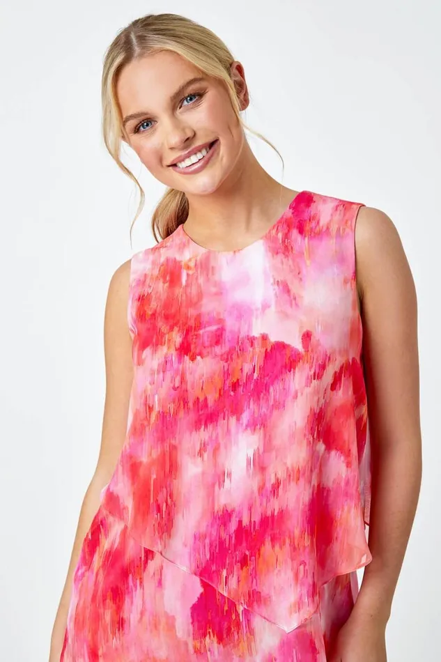 Women Pink Petite Abstract Tiered Chiffon Dress Roman Dresses