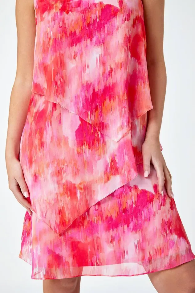 Women Pink Petite Abstract Tiered Chiffon Dress Roman Dresses