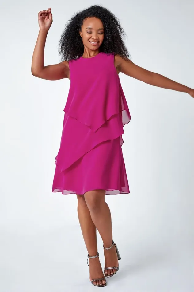 Women Pink Petite Embellished Chiffon Tiered Shift Dress Roman Dresses