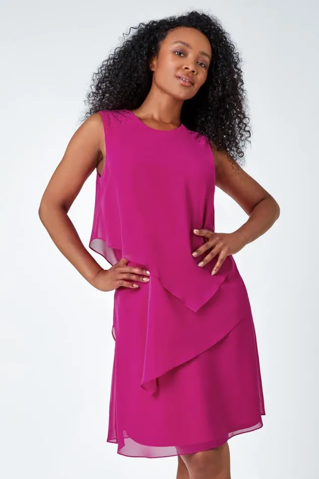 Women Pink Petite Embellished Chiffon Tiered Shift Dress Roman Dresses