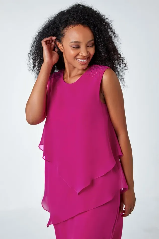 Women Pink Petite Embellished Chiffon Tiered Shift Dress Roman Dresses