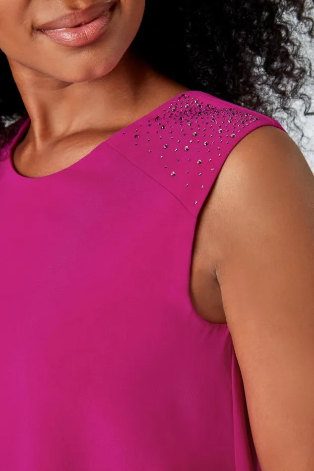 Women Pink Petite Embellished Chiffon Tiered Shift Dress Roman Dresses