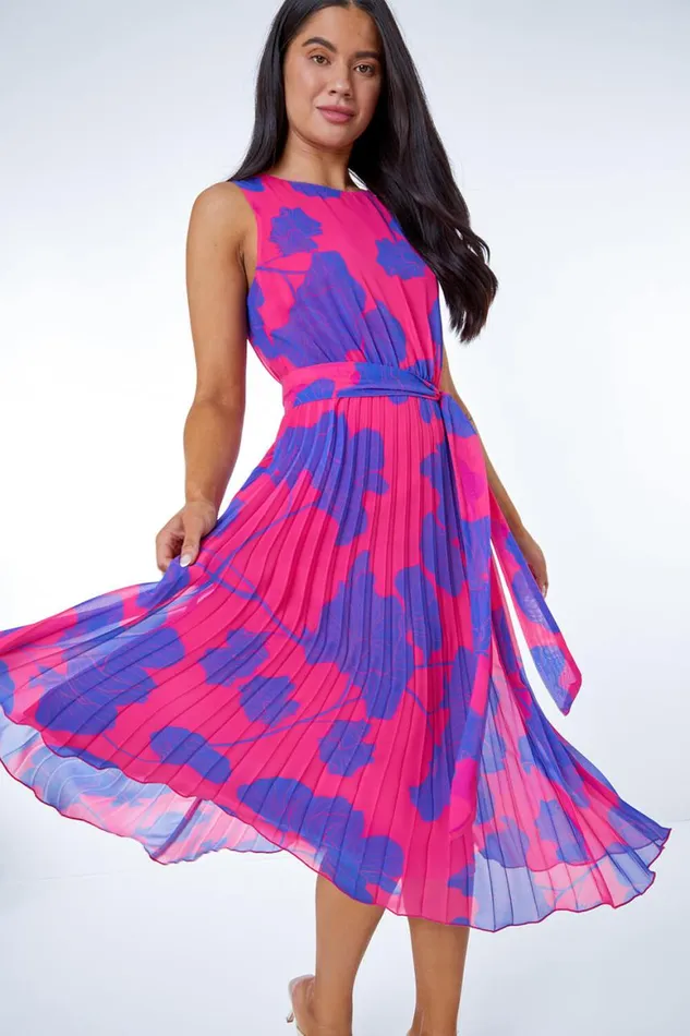 Women Pink Petite Floral Linear Pleated Chiffon Dress Roman Dresses