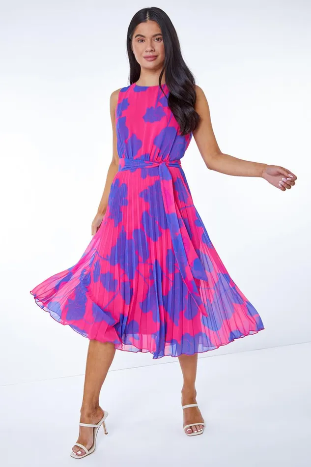 Women Pink Petite Floral Linear Pleated Chiffon Dress Roman Dresses
