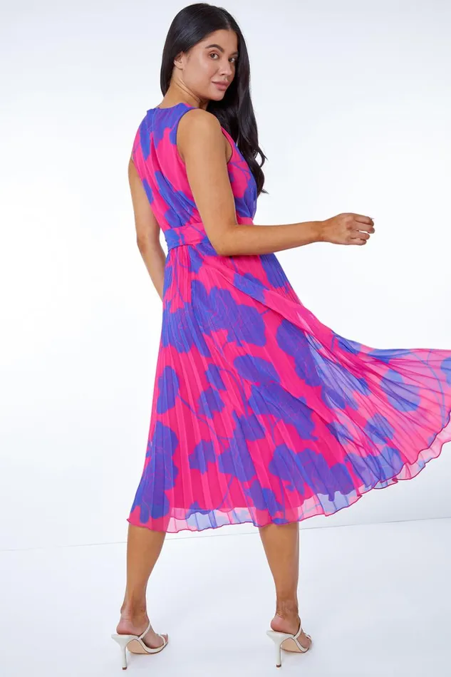 Women Pink Petite Floral Linear Pleated Chiffon Dress Roman Dresses