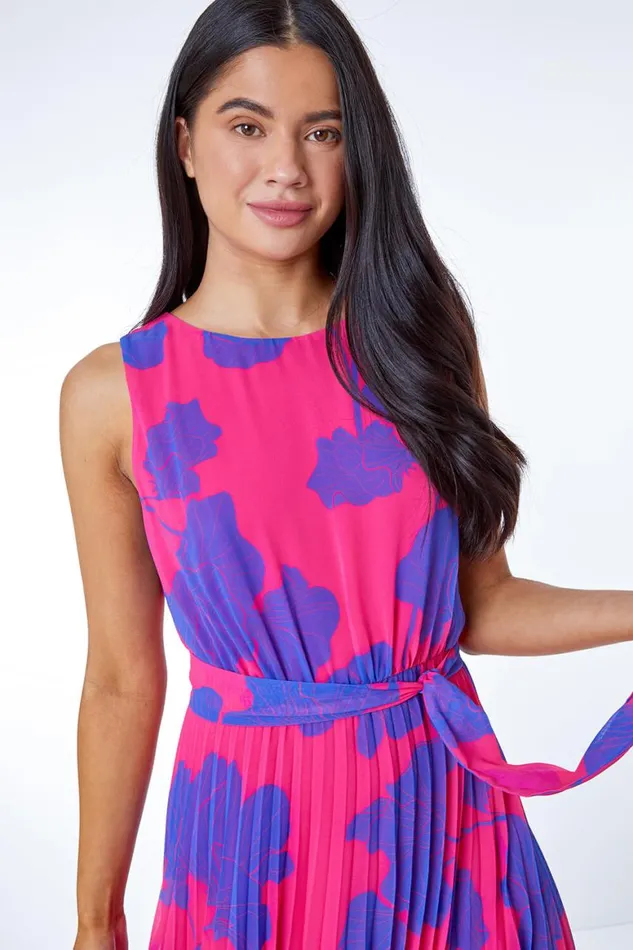 Women Pink Petite Floral Linear Pleated Chiffon Dress Roman Dresses